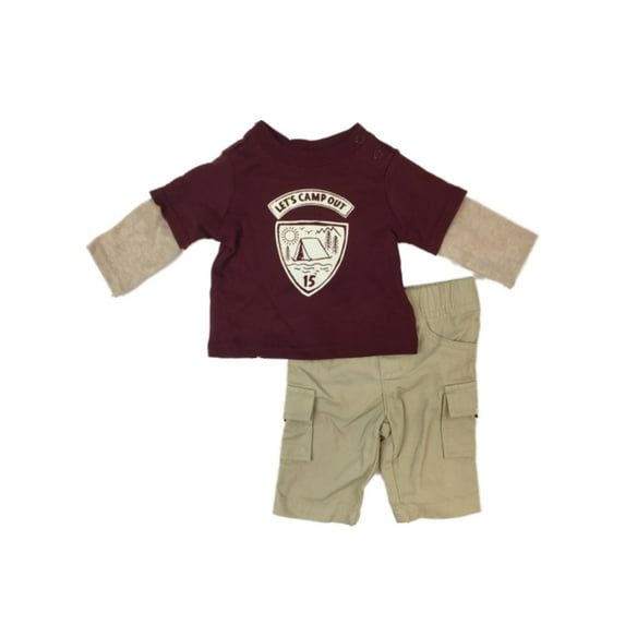 Infant Boys Lets Camp Out Baby Outfit Burgundy Tent Shirt & Khaki Pants Set NB
