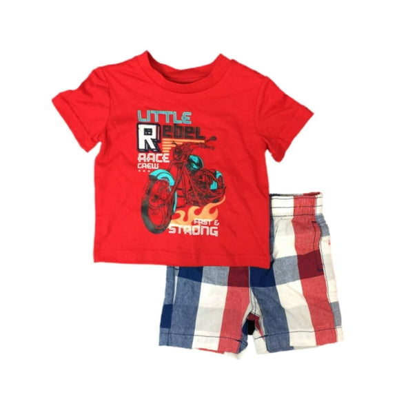 Infant Boys Little Rebel Outfit Motorcycle Shirt & Plaid Shorts Set 12