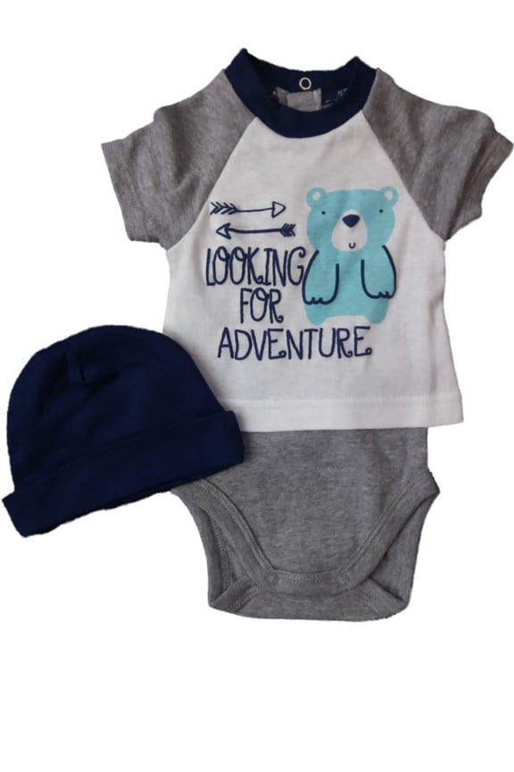 Infant Boys Looking For Adventure Blue Gray Bear Bodysuit & Beanie Outfit 0-3m