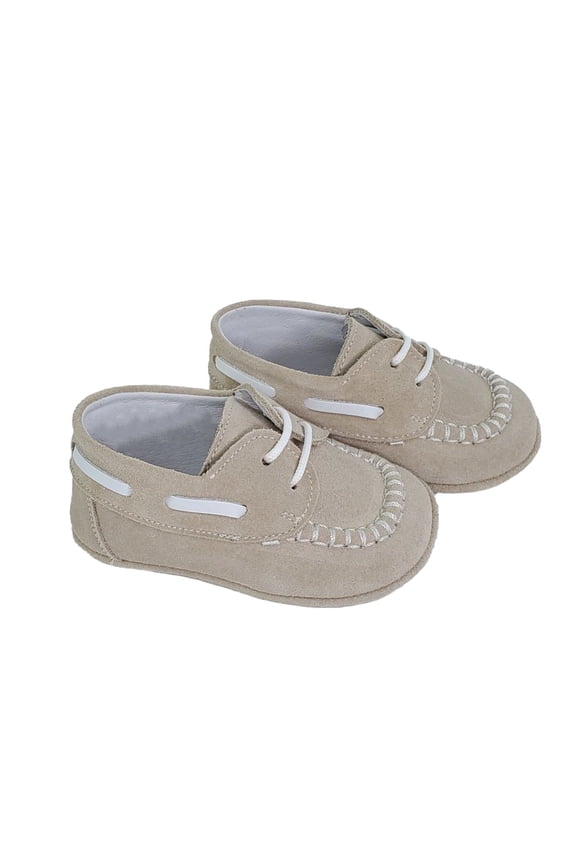 Infant, Boys Moccasins, Latte Suede and Napa White Leather Moc Toe Pre-walker Shoes