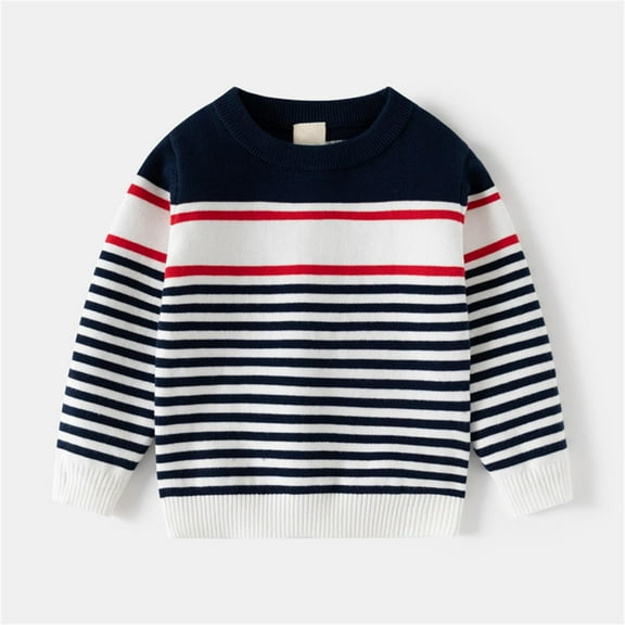 Infant Boys Navy White Red Striped Sweater, Long Sleeve Cotton Knit Crewneck Top for Toddler 2 Years