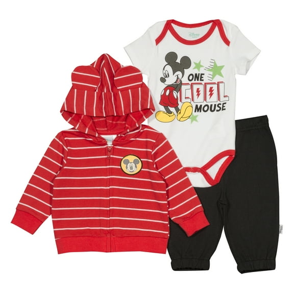 Infant Boys One Cool Mouse Baby Outfit Red Mickey Hoodie Bodysuit & Pants