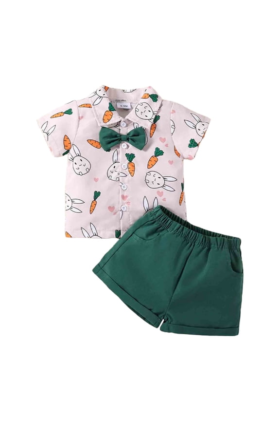 Boys Outfits Toddler Kids Boys British Style Easter Outfit Set Short Sleeve Shirt and Bow Tie Collar Shorts Baby Outfits Green 18 Months-24 Months