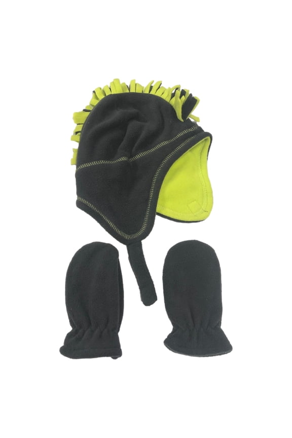 Infant Boys Plush Gray & Green Trapper Hat & Mittens Set 12-18 Months