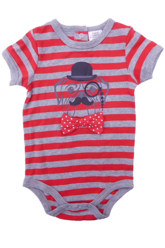 Infant Boys Red/Gray Striped Classy Pug Dog Bodysuit