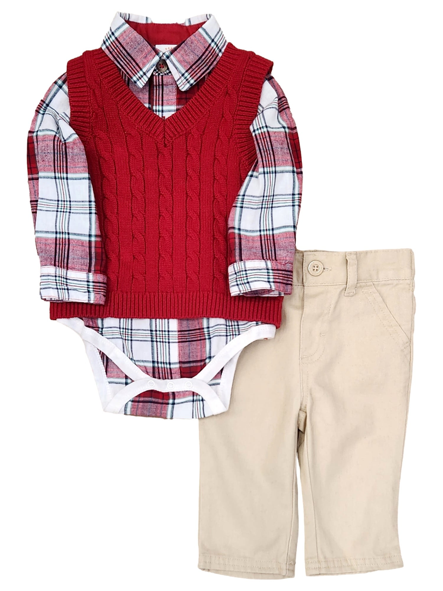Infant Boys Red Plaid Creeper With Sweater Vest Khaki Pants Outfit Set 3 6M Walmart