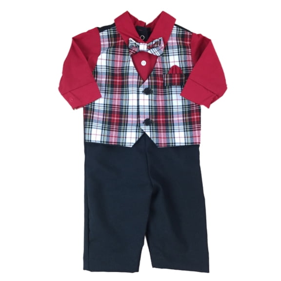 Infant Boys Red Plaid Suit & Bow Tie Romper One Piece Bodysuit Outfit 3-6 Months