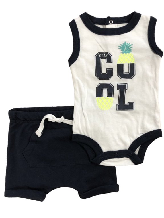 Infant Boys Stay Cool Baby Outfit Pineapple Tank Top Bodysuit & Navy Shorts NB