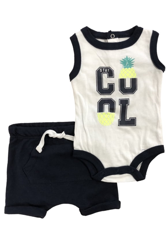 Infant Boys Stay Cool Baby Outfit Pineapple Tank Top Bodysuit & Navy Shorts NB