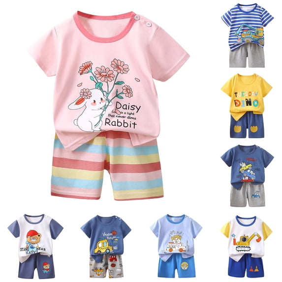 Infant Boys Summer Outfits Cartoon Printed Short Sleeved Tops and Shorts 2Pc Children's Suit Sets Size 6-12 Months ,Yellow