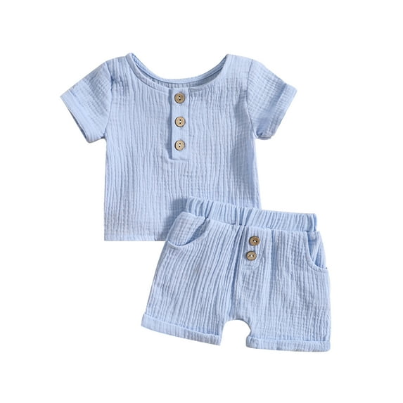 Infant Boys Summer Outfits Solid Color Buttons Short Sleeve Crew Neck T-Shirts and Elastic Waist Shorts Set