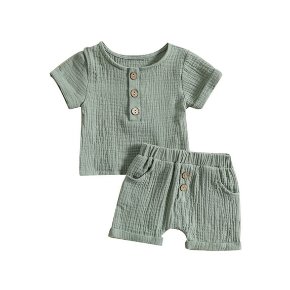 Infant Boys Summer Outfits Solid Color Buttons Short Sleeve Crew Neck T-Shirts and Elastic Waist Shorts Set