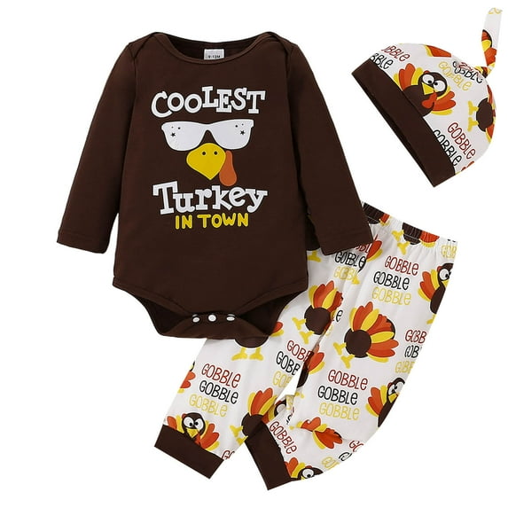 Boys Thanksgiving Outfit Sets Long Sleeved Graphic Romper Pant Hat Soft 3Pc Set