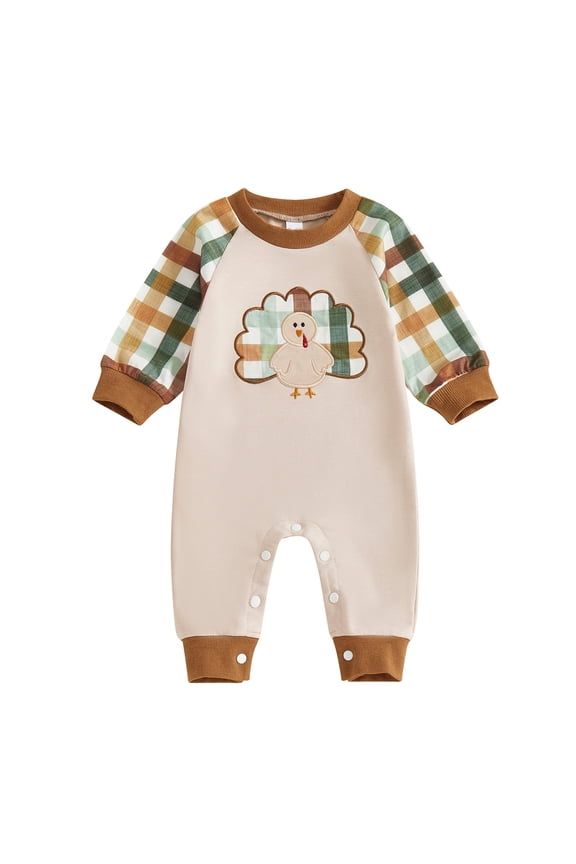 Infant Boys Thanksgiving Turkey Applique Jumpsuit Plaid Color Long Sleeve Romper Outfit Sets