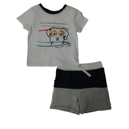 Infant Boys White Basic Color Puppy Dog With Glasses Shorts 2 Pc Outfit Set