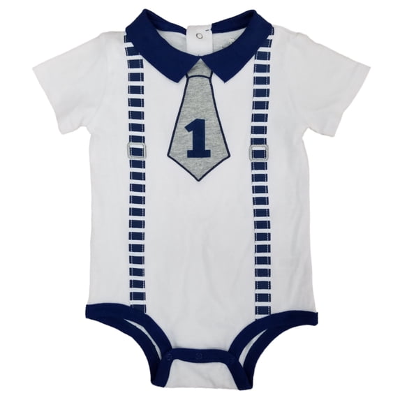 Infant Boys White/Navy Suspender Tie Collar No. 1 Office Baby Bodysuit 12-18m