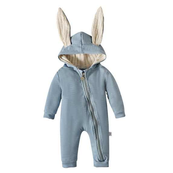 Easter Bunny Romper Hooded Jumpsuit with Zipper Long Ear Rabbit Full Length Pants Soft Blue 3 Months-6 Months