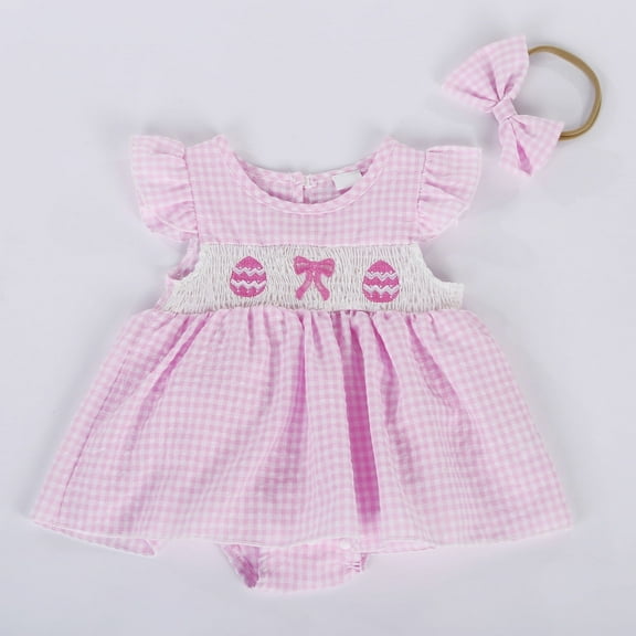 Easter Outfit Girl Easter Egg and Bow Embroider Ruffled Sleeve Tutu Romper Dress with Headband Outfit for Baby Girl 0-3 Months