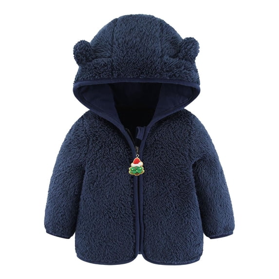 Infant Fleece Jacket Long Sleeve Zip up Hooded Outerwear Coat Bear Ear Christmas Newborn Baby Kids Winter Warm Clothing, Navy, 12 Months