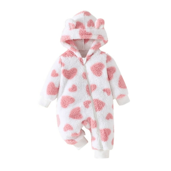 Infant Fleece Jumpsuits for Girls Comfort Heart Cute Bear Ear Hooded Long Sleeve Romper Soft Newborn Winter Clothes, Pink, 6 Months