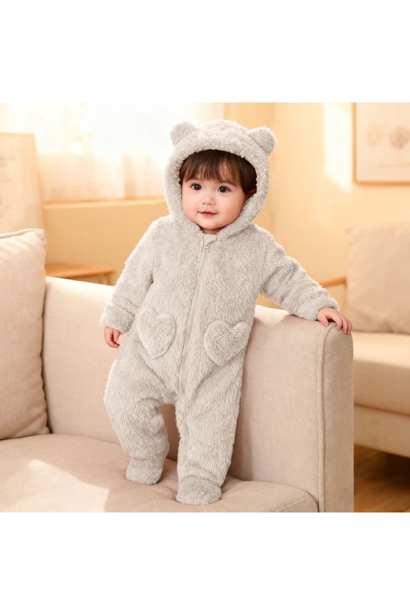 Lined Onesie - Warm Windproof Bear Hooded Jumpsuit Romper Boy Winter Outfits Baby Plush Clothes 6-9 Months