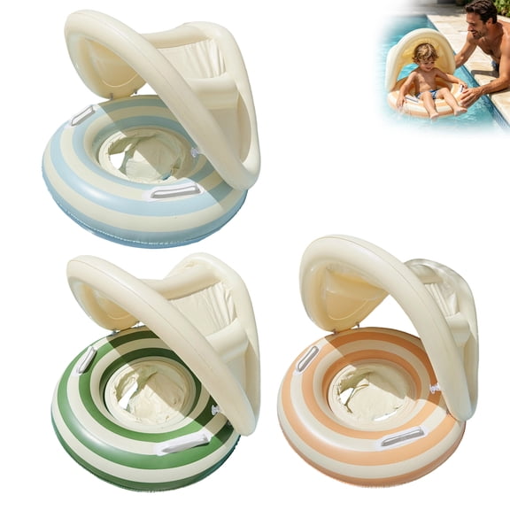Infant Float with Canopy, Infant Float with Canopy - Detachable Sun Shade & Anti-Slip Handles, Retro Striped Baby Swimming Pool
