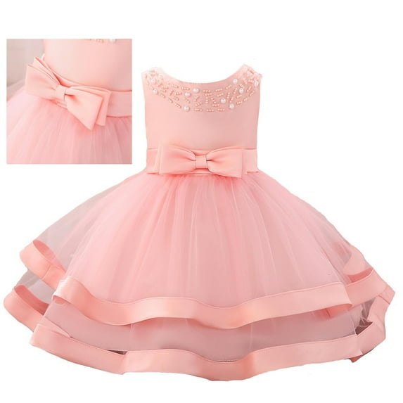 Infant Flower Girl Dress Pink Ruffle Sleeveless Tulle Toddler Dress Formal Dress for Girls Princess Dress Up for Girls 3-6 M