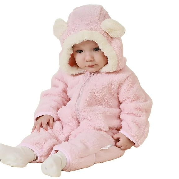 Infant Fluffy Jumpsuit - Warm Windproof Long Sleeve Bear Hooded Jumpsuit Newborn Boy Winter Outfits Baby Girl Snowsuit 3-6 Months
