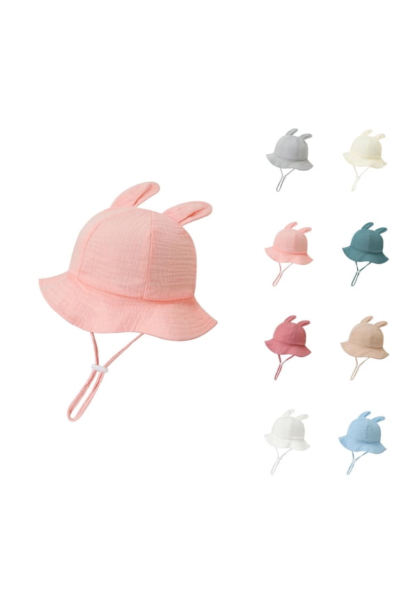 Gauze Bucket Hat For Baby 0-12 Months - Ruffle Print Bunny Ear Fisherman Caps, Soft Breathable Cotton Material For Summer Sun Protection & Beach Travel Apparel