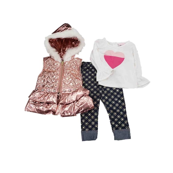 Infant Girl Baby Pink Foil Heart Ruffled Shirt Faux Fur Hooded Vest 3 Pc Set 12m