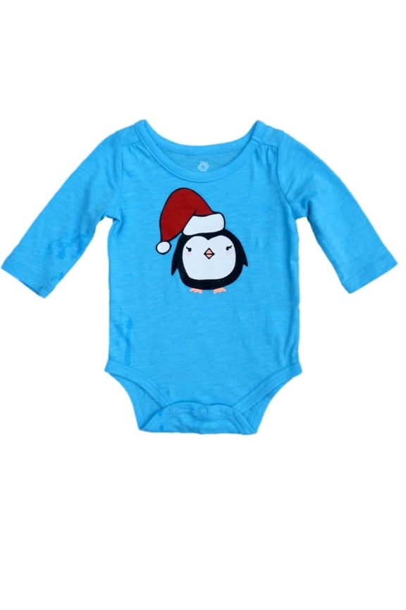 Infant Girl Blue Santa Penguin Holiday Creeper Christmas Bodysuit NB