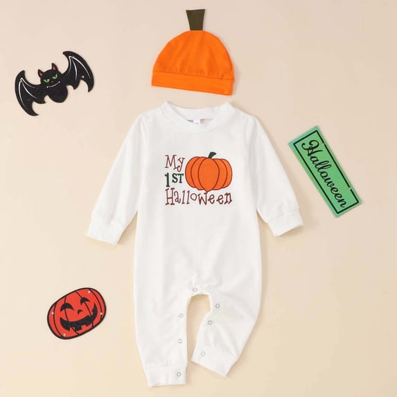 Girl Boy Halloween Outfit Pumpkin Romper Jumpsuit with HatBaby Fall Clothes