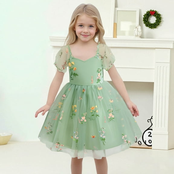 Infant Girl Dress Short Sleeve Tiered Swing A-Line Cotton Green Dress Girls Birthday Dress For Girls Sundress Princess Dress