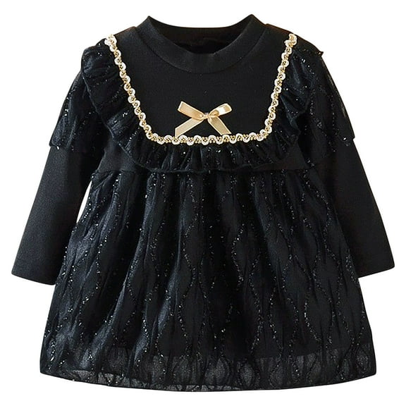 Infant Girl Dress Toddler Girls' Cotton Ruffle Dress Newborn Baby Girls Long-Sleeve Princess Bowknot Party Dress Black 90