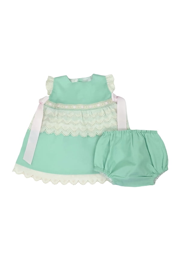 Infant, Girl Dress and Bloomers Set, Flutter Sleeves Mint Colored Dress
