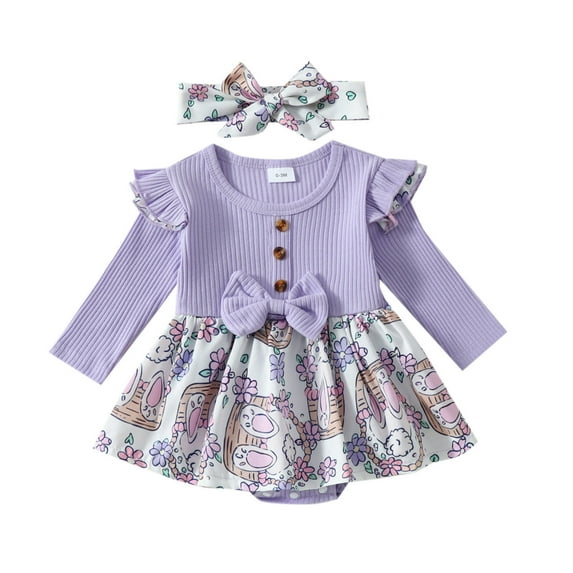 Girl Easter Romper Long Sleeve Rabbit Prints Ribbed Bodysuit Dress Headband Set Soft Purple 0 Months-3 Months