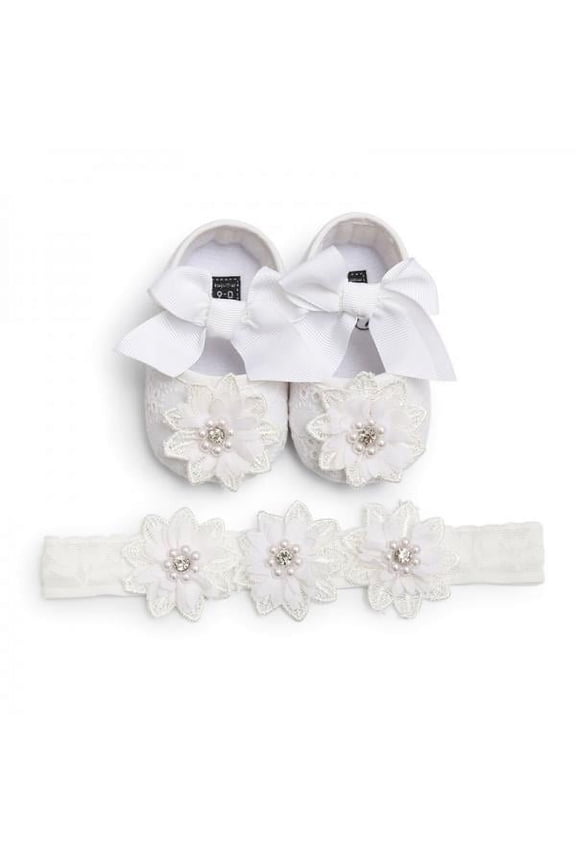 Infant Girl Lace Flower Shoes Floral Headwear and hair band Two Set