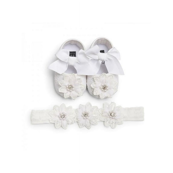 Infant Girl Lace Flower Shoes Floral Headwear and hair band Two Set