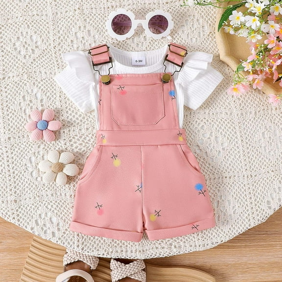 Girl Outfits Baby Toddler Girls Summer Short Sleeve Solid Top Bow Print Overalls with Adjustable Straps 2 Piece Set Baby Outfits White 0 Months-3 Months