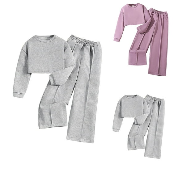 Girl Outfits Girl Pants Set Solid Short Tops Comfortable Long Sleeved Sleepwear Set Fall Baby Girl Clothes Grey 5 Years-6 Years