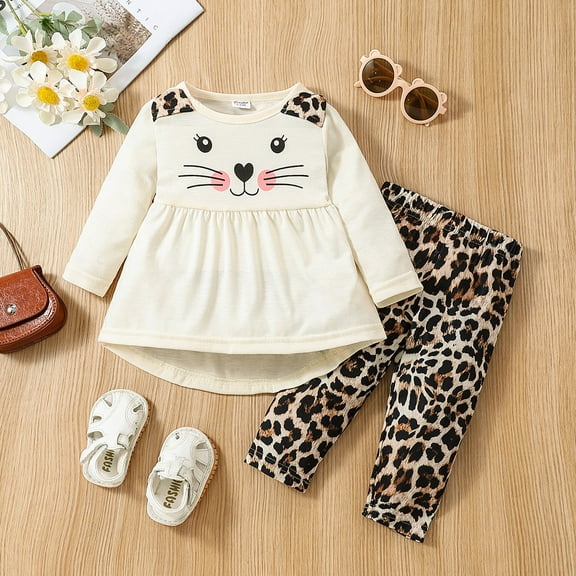 Girl Outfits Girls 2 Piece Set Sweatsuit Cute Cat Print Flared Skirt Leopard Leggings Baby Girl Clothes Winter White 9 Months-12 Months