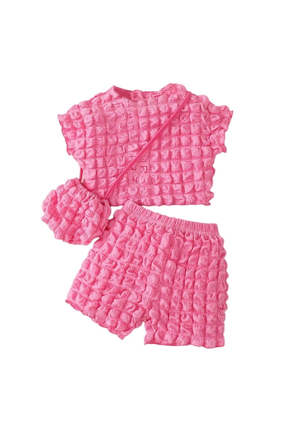 Girl Outfits Summer Toddler Cute Round Neck Sleeve Top Bag Set Playwear Daily Wear Summer Baby Girl Clothes Red 3 Years-4 Years