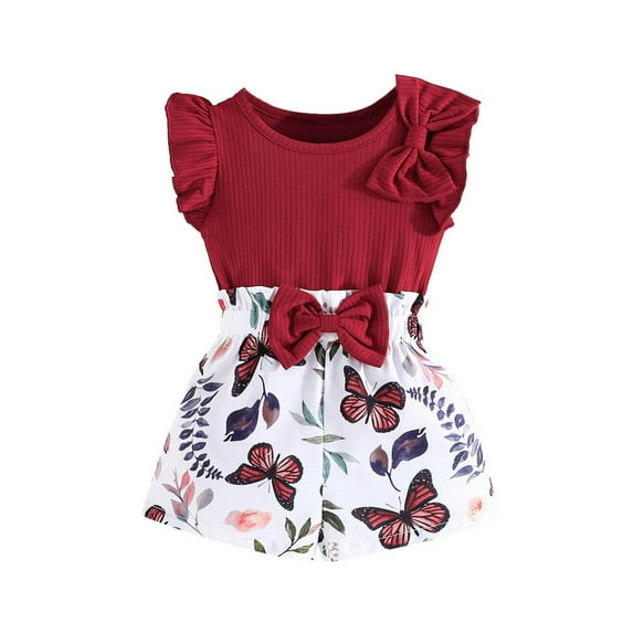 Infant Girl Outfits Toddler Summer Casual Outfit Pure Color Tshirt With Printed Shorts Summer Clothes Girls Wine2 18 Months-24 Months