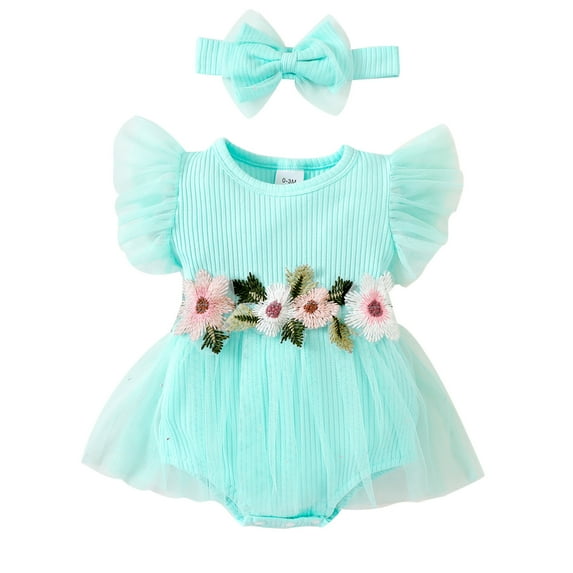 Infant Girl Romper Dress Flower Leaves Embroidery Rib Knit Fly Sleeve Tulle Skirt Hem Jumpsuits Baby Bodysuits with Headband