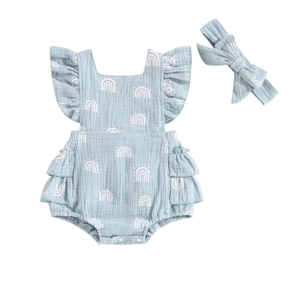 Infant Girl Romper Rainbow Print Fly Sleeve Ruffles Tie-Up Backless Jumpsuits Newborn Clothes Baby Bodysuits with Headband