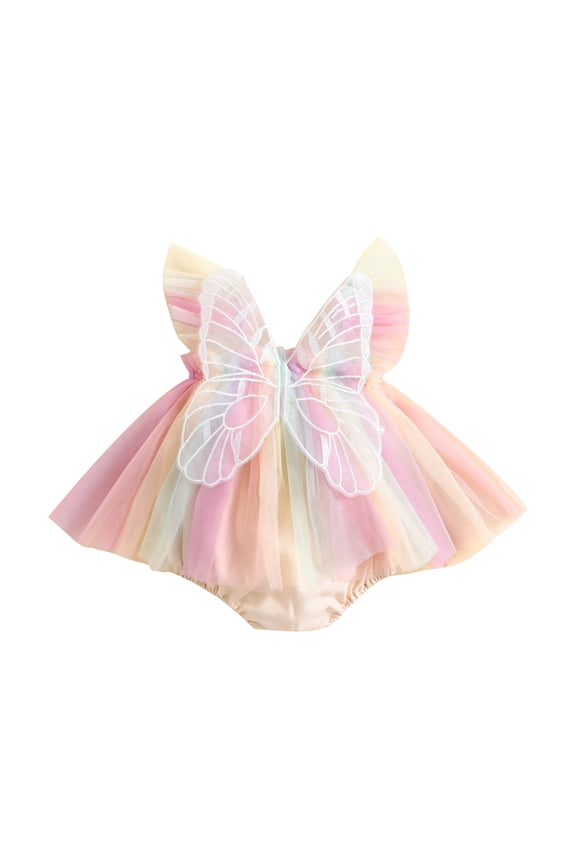 Infant Girl Rompers Dress 3M 6M 12M 18M 24M Embroidery Butterfly Wing Fly Sleeve Rainbow Color Tulle Skirt Jumpsuits Clothing