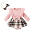 thumbnail image 1 of Infant Girl Rompers Dress 3M 6M 9M 12M 18M Plaid Rib Knit Ruffles Long Sleeve Jumpsuits Newborn Clothes Baby Bodysuits with Headband, 1 of 10
