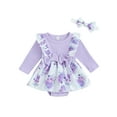 thumbnail image 1 of Infant Girl Rompers Dress Long Sleeve Rib Knit Floral Print Skirt Hem Jumpsuits with Headband, 1 of 7