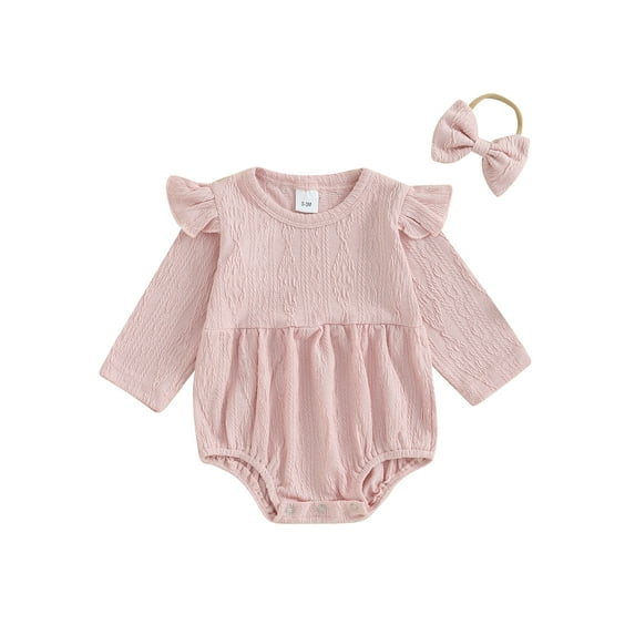 Infant Girl Rompers Solid Color Crew Neck Long Fly Sleeve Baby Jumpsuits Newborn Clothes Bodysuits with Headband
