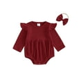 thumbnail image 1 of Infant Girl Rompers Solid Color Crew Neck Long Fly Sleeve Baby Jumpsuits Newborn Clothes Bodysuits with Headband, 1 of 9